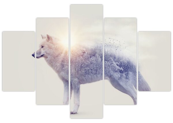 Tablou - Lupul arctic oglindit în peisaj sălbatic (150x105 cm)