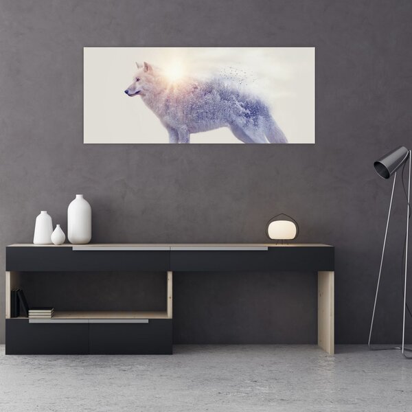 Tablou - Lupul arctic oglindit în peisaj sălbatic (120x50 cm)