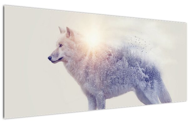 Tablou - Lupul arctic oglindit în peisaj sălbatic (120x50 cm)