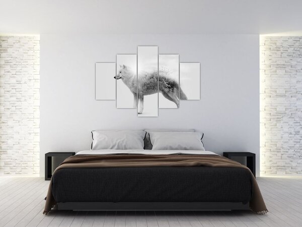 Tablou - Lupul arctic oglindit în peisajul sălbatic, alb-negru (150x105 cm)
