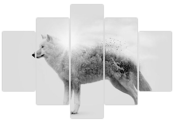 Tablou - Lupul arctic oglindit în peisajul sălbatic, alb-negru (150x105 cm)