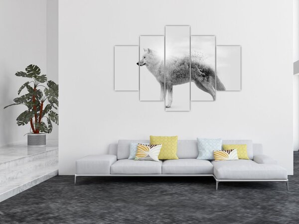Tablou - Lupul arctic oglindit în peisajul sălbatic, alb-negru (150x105 cm)