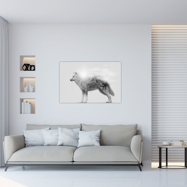 Tablou - Lupul arctic oglindit în peisajul sălbatic, alb-negru (90x60 cm)