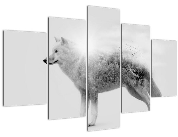 Tablou - Lupul arctic oglindit în peisajul sălbatic, alb-negru (150x105 cm)