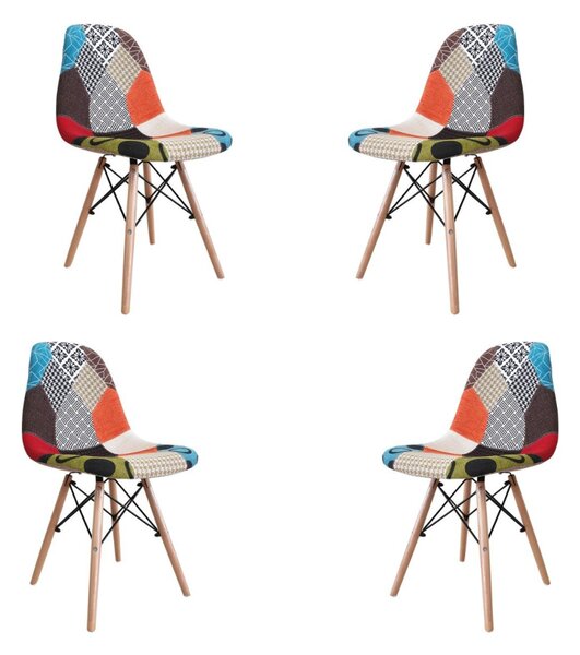 Set 4 scaune dining Ariel, stil scandinav, picioare din lemn, textil patchwork