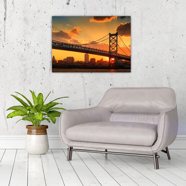 Tablou - Apus de soare peste Podul Ben Franklin, Philadelphia (70x50 cm)
