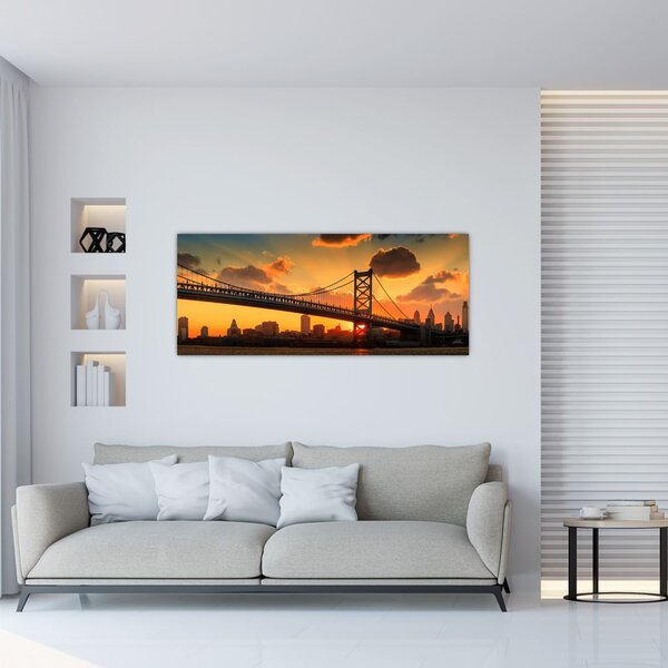 Tablou - Apus de soare peste Podul Ben Franklin, Philadelphia (120x50 cm)
