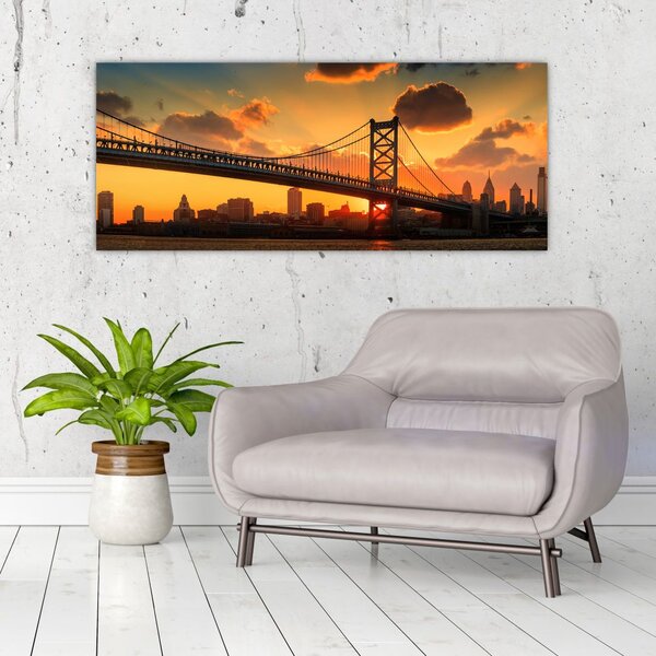 Tablou - Apus de soare peste Podul Ben Franklin, Philadelphia (120x50 cm)
