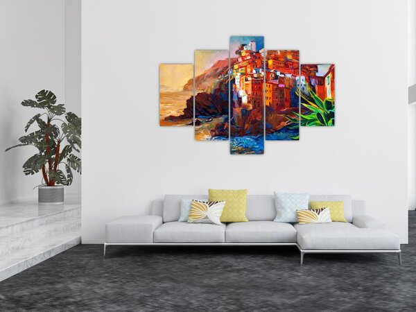 Tablou - Satul de coastă Cinque Terre, Riviera italiană, impresionismul modern (150x105 cm)