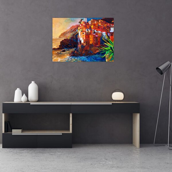 Tablou - Satul de coastă Cinque Terre, Riviera italiană, impresionismul modern (70x50 cm)