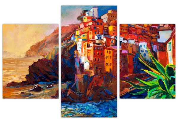Tablou - Satul de coastă Cinque Terre, Riviera italiană, impresionismul modern (90x60 cm)
