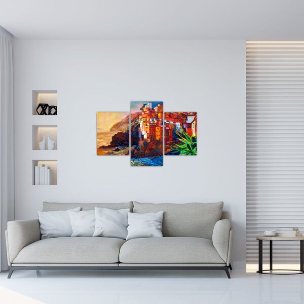 Tablou - Satul de coastă Cinque Terre, Riviera italiană, impresionismul modern (90x60 cm)