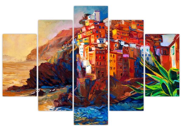 Tablou - Satul de coastă Cinque Terre, Riviera italiană, impresionismul modern (150x105 cm)
