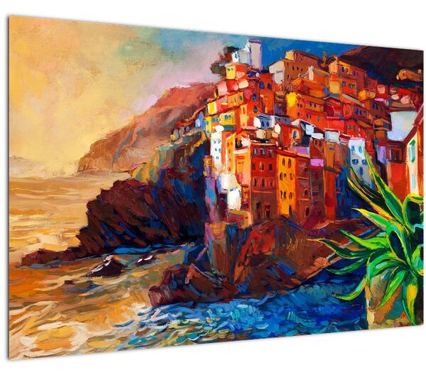 Tablou - Satul de coastă Cinque Terre, Riviera italiană, impresionismul modern (90x60 cm)