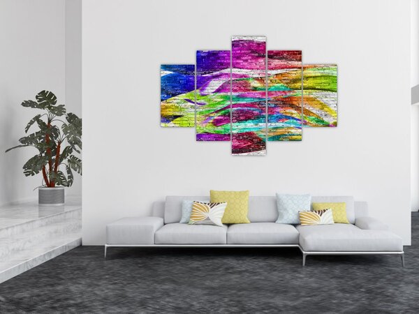 Tablou - Zid de cărămidă cu flăcări colorate (150x105 cm)