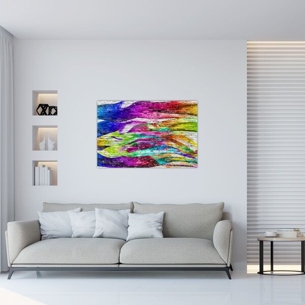 Tablou - Zid de cărămidă cu flăcări colorate (90x60 cm)