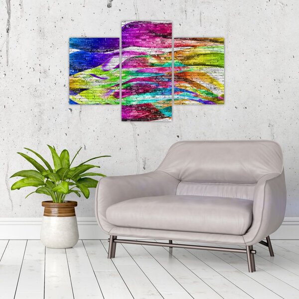 Tablou - Zid de cărămidă cu flăcări colorate (90x60 cm)