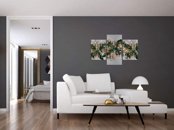 Tablou - Frunze tropicale, Galben - auriu (90x60 cm)