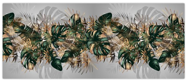Tablou - Frunze tropicale, Galben - auriu (120x50 cm)