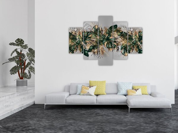 Tablou - Frunze tropicale, Galben - auriu (150x105 cm)