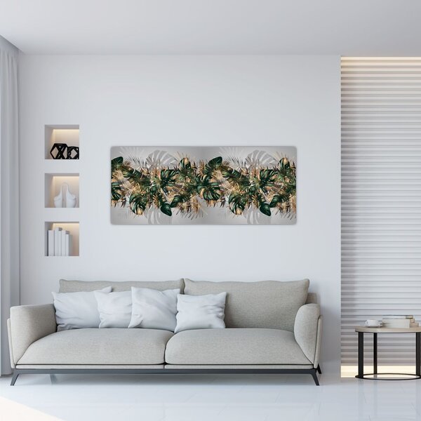 Tablou - Frunze tropicale, Galben - auriu (120x50 cm)