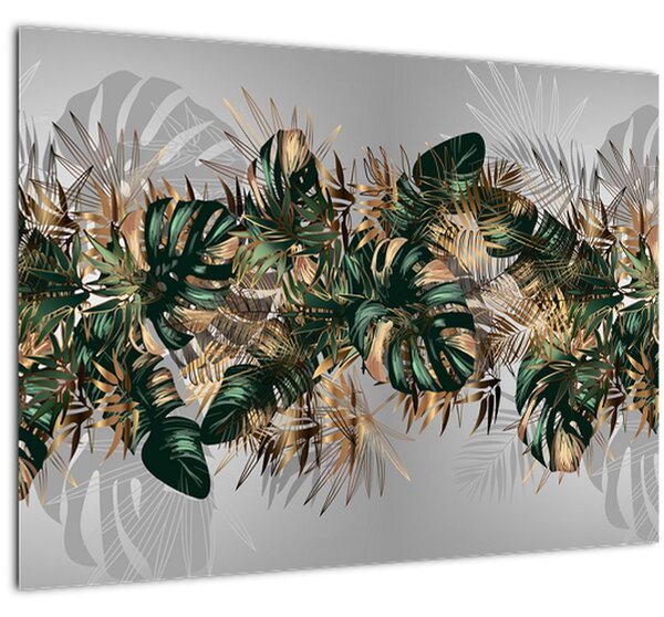 Tablou pe sticlă - Frunze tropicale, Galben - auriu (70x50 cm)