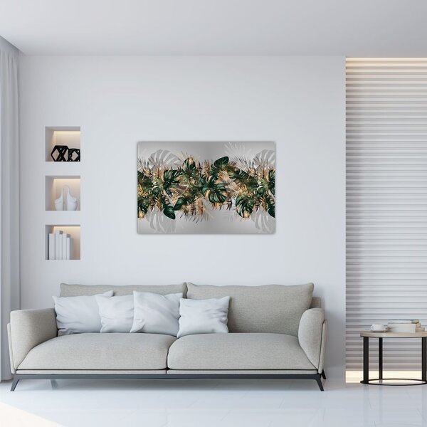 Tablou - Frunze tropicale, Galben - auriu (90x60 cm)