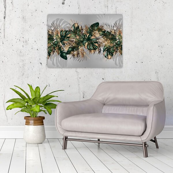 Tablou - Frunze tropicale, Galben - auriu (70x50 cm)