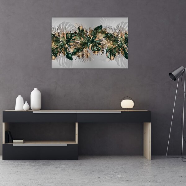 Tablou - Frunze tropicale, Galben - auriu (90x60 cm)