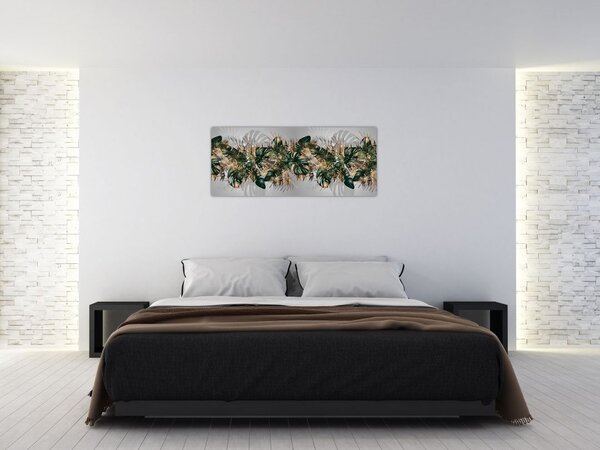 Tablou - Frunze tropicale, Galben - auriu (120x50 cm)