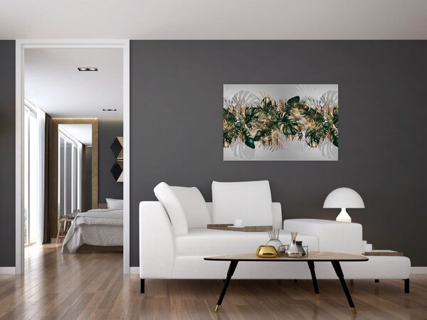 Tablou - Frunze tropicale, Galben - auriu (90x60 cm)