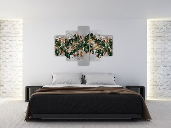Tablou - Frunze tropicale, Galben - auriu (150x105 cm)