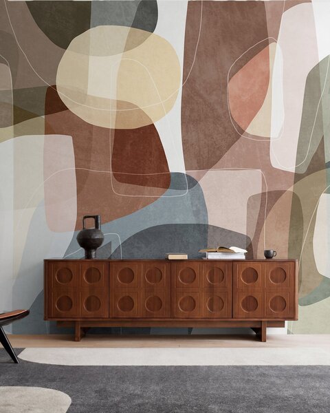 Tapet Forme abstracte în nuanțe discrete de pământ, cu linii subțiri albe și texturi suprapuse, Fototapet Abstract, w09942v1 : Uwalls.ro