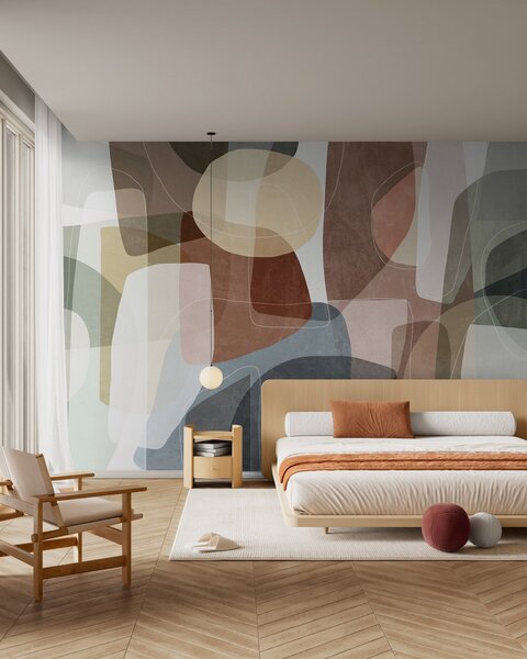 Tapet Forme abstracte în nuanțe discrete de pământ, cu linii subțiri albe și texturi suprapuse, Fototapet Abstract, w09942v1 : Uwalls.ro