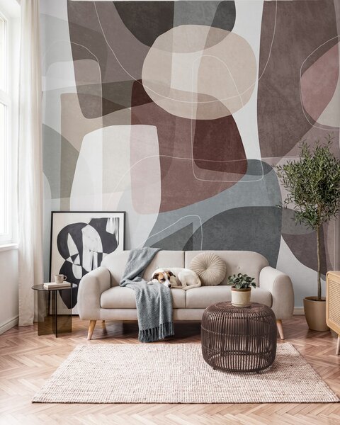 Tapet Forme abstracte în nuanțe discrete de pământ, cu linii subțiri albe și texturi suprapuse, Fototapet Abstract, w09942 : Uwalls.ro