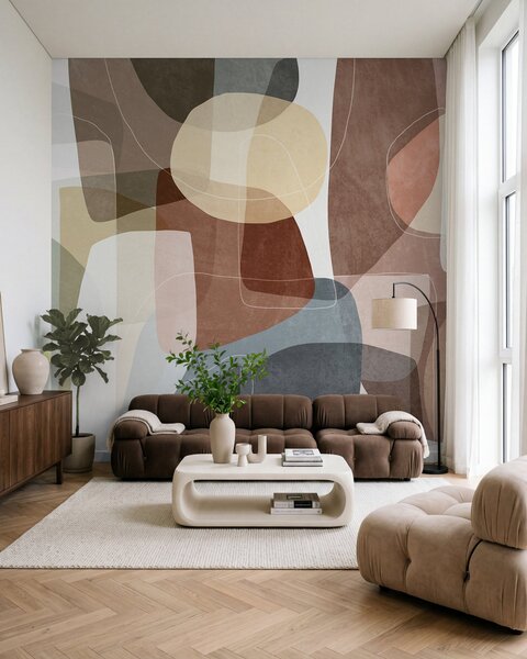 Tapet Forme abstracte în nuanțe discrete de pământ, cu linii subțiri albe și texturi suprapuse, Fototapet Abstract, w09942v1 : Uwalls.ro