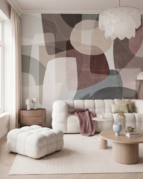 Tapet Forme abstracte în nuanțe discrete de pământ, cu linii subțiri albe și texturi suprapuse, Fototapet Abstract, w09942 : Uwalls.ro