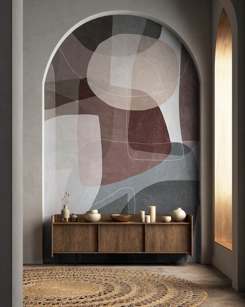 Tapet Forme abstracte în nuanțe discrete de pământ, cu linii subțiri albe și texturi suprapuse, Fototapet Abstract, w09942 : Uwalls.ro