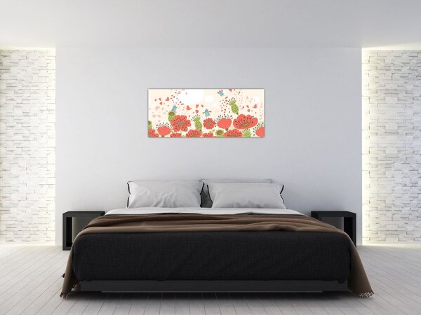 Tablou - Păsări pe o pajiște înflorită (120x50 cm)