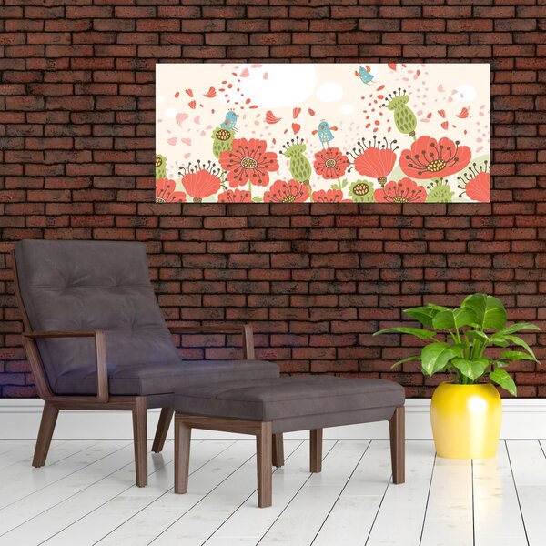 Tablou - Păsări pe o pajiște înflorită (120x50 cm)