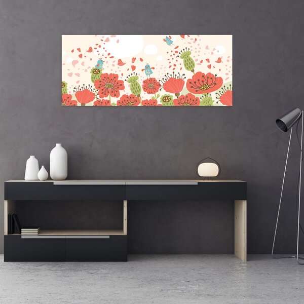 Tablou - Păsări pe o pajiște înflorită (120x50 cm)