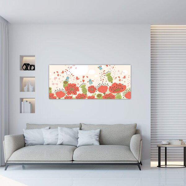 Tablou - Păsări pe o pajiște înflorită (120x50 cm)