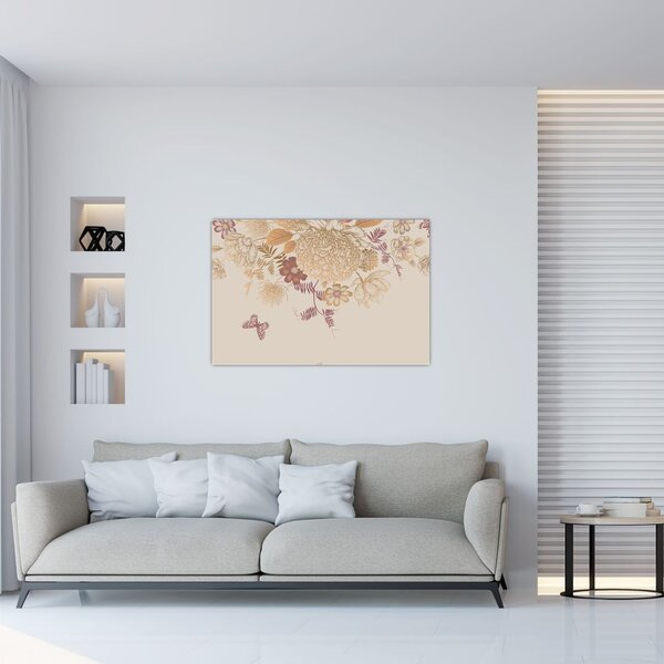 Tablou - Vintage, flori și fluturi (90x60 cm)