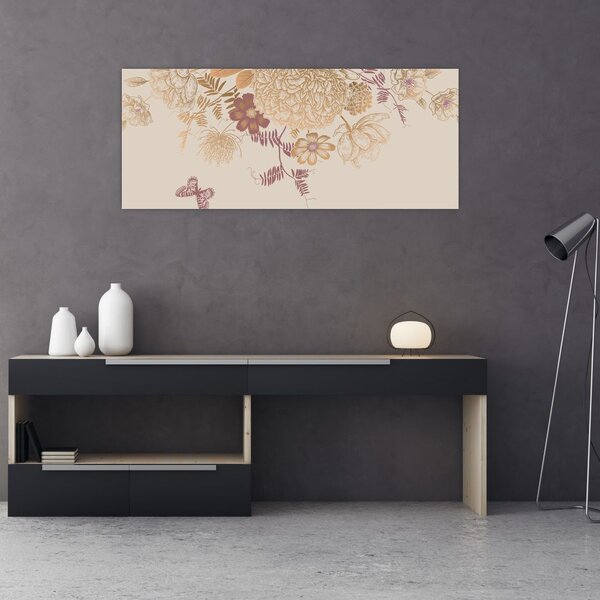 Tablou - Vintage, flori și fluturi (120x50 cm)