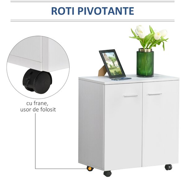 HOMCOM Comodă TV cu Roți Incluse, pentru Living sau Dormitor, 60x35x65 cm, Alb | Aosom Romania