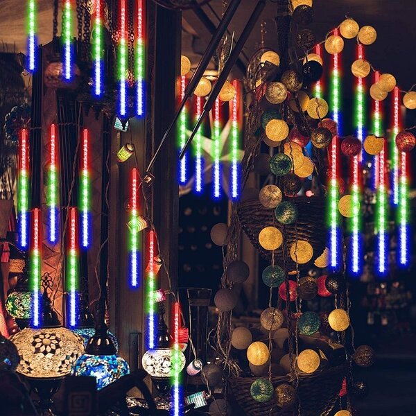 Instalatie 8 turturi meteori, 288 LED-uri multicolore, tuburi 45 cm, decor Craciun interior/exterior, lungime 2.3 m