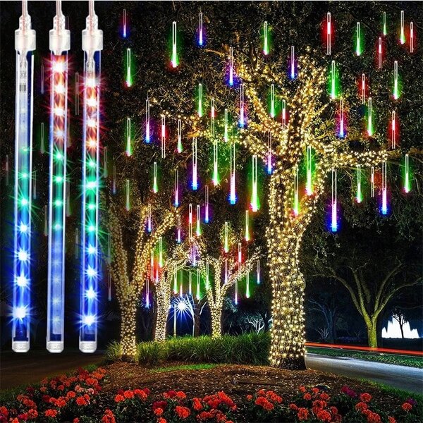 Instalatie 8 turturi meteori, 288 LED-uri multicolore, tuburi 45 cm, decor Craciun interior/exterior, lungime 2.3 m