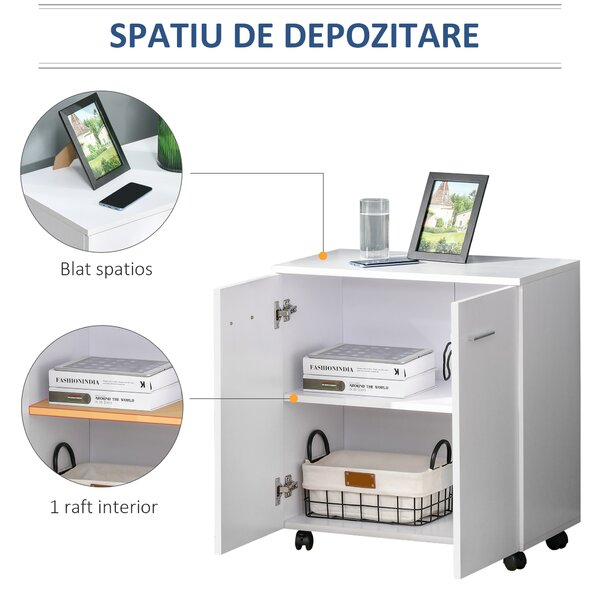 HOMCOM Comodă TV cu Roți Incluse, pentru Living sau Dormitor, 60x35x65 cm, Alb | Aosom Romania