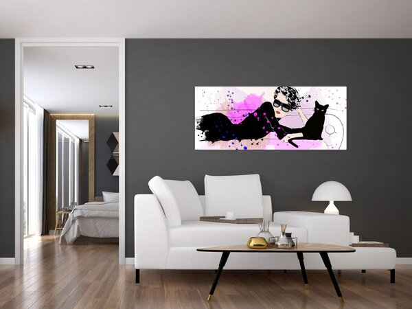 Tablou - Femeia cu pisică neagră (120x50 cm)