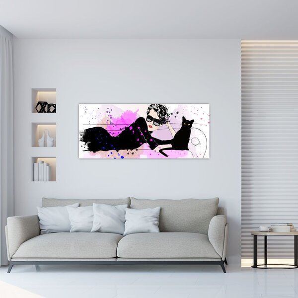 Tablou - Femeia cu pisică neagră (120x50 cm)